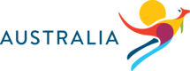 Logo Tourism Australia, Känguru und Sonne rot, gelb, blau, lila, orange, grün